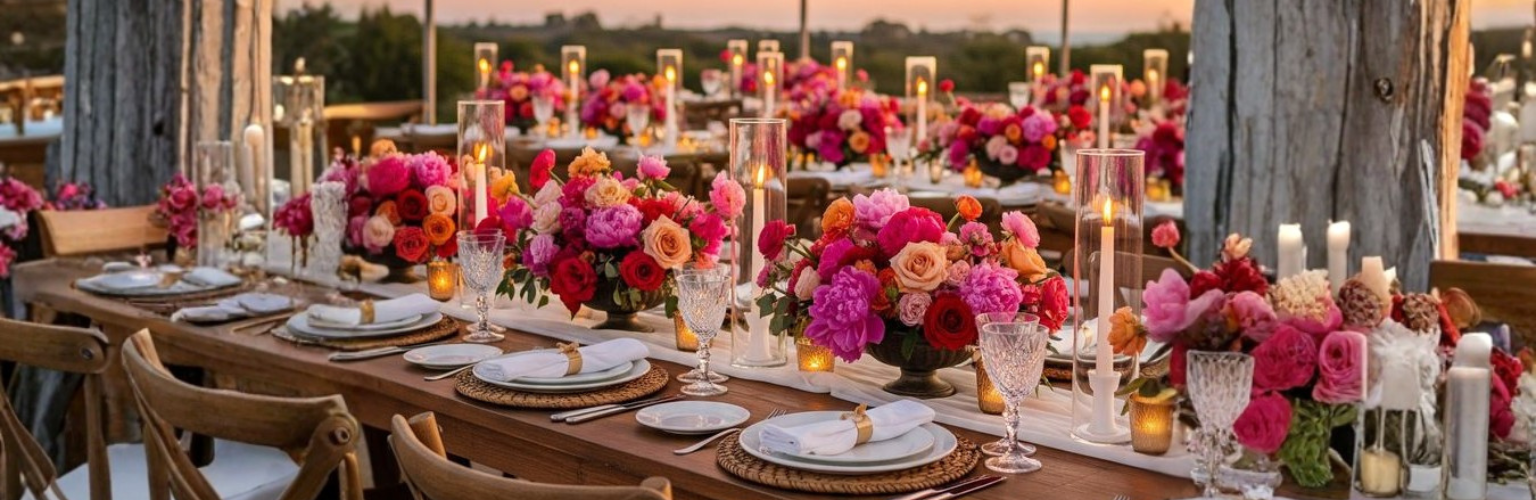 table de mariage décorée dans le thème orange & fuchsia